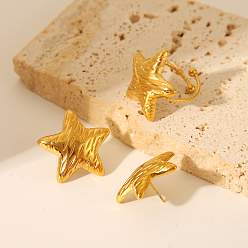 Золотой Модные серьги-гвоздики в форме звезды и комплект из кольца-манжеты, комплект украшений из нержавеющей стали для женщин, золотые