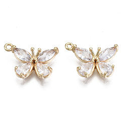 Прозрачный Настоящие 18 k позолоченные латунные подвески с микропаве и кубическим цирконием, без никеля , бабочка, прозрачные, 10.5x15x3 мм, отверстие : 1.2 мм