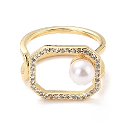 Прозрачный Полое прямоугольное кольцо-манжета с кубическим цирконием на день матери, кольцо из настоящей позолоченной латуни с широкой полосой и искусственным жемчугом, без кадмия и без свинца, прозрачные, размер США 18 (6 мм)