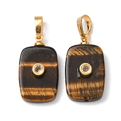 Тигровый глаз Природных тигровый глаз подвески, прямоугольные подвески с латунной микропаве кубическими цирконами, золотые, 25x13x5 мм, отверстие : 7x4 мм