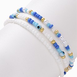 Mixed Color 3Pcs 3 Style Glass Seed & ABS Plastic Pearl & Evil Eye Beaded Stretch Bracelets Set, Brass Starfish Charms Stackable Bracelets for Women, Mixed Color, Inner Diameter: 2 inch(5.2cm), 1Pc/style
