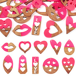 Ярко-Розовый 20 шт. 10 подвески из смолы и ореха, Сердце с сердцем, подарок на День святого Валентина, ярко-розовый, 23.5~47x15.5~36x3~3.5 мм, отверстие : 1.8~2 мм, 2 шт / стиль