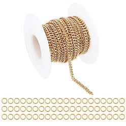 Golden Brass Curb Chains, Twisted Chains, Soldered, Long-Lasting Plated, Real 18K Gold Plated, with Spool, Brass Open Jump Rings, Golden, Curb Chains: about 16.4 Feet(5m)/roll, 1roll/set, Jump Rings: about 60pcs/set