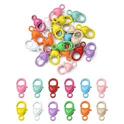 Mixed Color 20Pcs Spray Painted Alloy Lobster Claw Clasps, Oval with Heart Pattern, Mixed Color, 17x9x4mm, Hole: 2.5mm