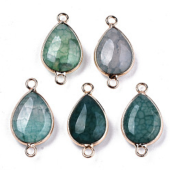 Natural Agate Natural Agate Links Connectors, with Light Gold Tone Brass Findings, Teardrop Green, 27x14x6mm, Hole: 2mm