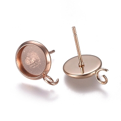 Розовое Золото 304 Настройки серьги из нержавеющей стали, с петлей, плоско-круглые, розовое золото , лоток : 8 мм, 13 мм, отверстие : 2 мм, штифты : 0.7 мм