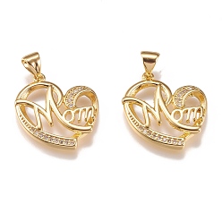 Золотой Латунные микропаве прозрачные подвески с фианитом, долговечный, день матери, сердце со словом мама, золотые, 21x18.3x2.5 мм, отверстие : 5x3.5 мм.