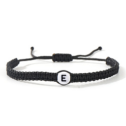 Letter E Плоские круглые браслеты из плетеных бусин из смоляных бусин с буквенным узором, регулируемые плетеные браслеты из хлопкового шнура для мужчин и женщин, Письмо E, 11.02 дюйм (28 см)