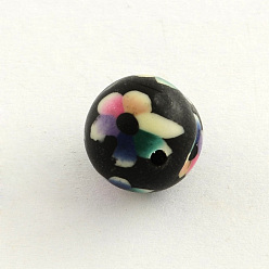 Negro Flor hecha a granos de la arcilla de polímero patrón, rondo, negro, 11~12 mm, agujero: 1.2~2 mm