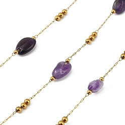 Аметист Ручная работа 316 цепочки из звеньев из нержавеющей стали в форме самородков, с 304 бусинами из нержавеющей стали и натурального аметиста, ионное покрытие (ip), реальный 18 k позолоченный, пайки, с катушкой, 8.5~12.5x6~8.5x5~6 мм