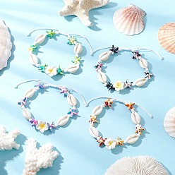 (52) Непрозрачная лаванда Браслеты из бисера для женщин с морскими звездами и плюмерией, синтетической бирюзой, натуральными ракушками каури и бусинами из полимерной глины, разноцветные, внутренний диаметр: 2-1/4~3-1/2 дюйм (5.7~8.8 см)