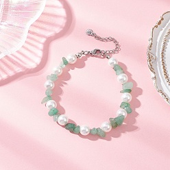 Зеленый Авантюрин Браслеты из круглых бусин с натуральным зеленым авантюрином и стеклянными ракушками, с 304 фурнитурой из нержавеющей стали, 7-1/2 ~7-3/4 дюйм (19.2~19.7 см)