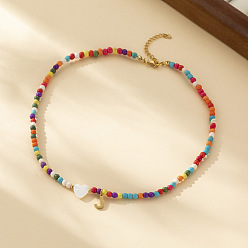 Letter J Ожерелья из круглых бусин в форме сердца из натуральных ракушек и разноцветных стеклянных семян, ожерелья шкентеля, 304 колье из нержавеющей стали, золотые, буква J, 15.35 дюйм (39 см)