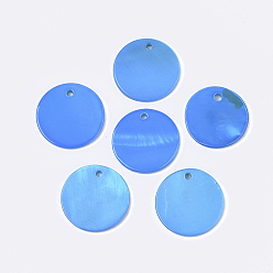Dodger Blue Spray Painted Freshwater Shell Pendants, Flat Round, Dodger Blue, 20x2mm, Hole: 1.5mm