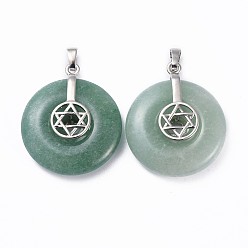 Green Aventurine Natural Green Aventurine Pendants, for Jewish, with Platinum Tone Brass Findings, Donut/Pi Disc with Star of David, 35.5x30x8.5~9.5mm, Hole: 4.5x6.5mm