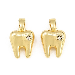 Real 18K Gold Plated Brass Micro Pave Clear Cubic Zirconia Charms, Tooth with Star Charms, Real 18K Gold Plated, 12x10x5.5mm, Hole: 5x2mm