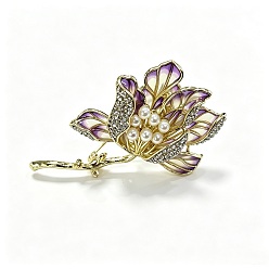 Pink Broche fleur en alliage plaqué or clair et émail, pour les vêtements, rose, 53x44mm