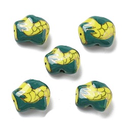 Зеленый Фарфоровые бусины ручной работы, декоративная с золотыми, дракон, зелёные, 12.5x7.5~8x15.5 мм, отверстие : 2 мм