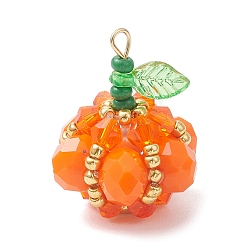 Оранжевый Подвески гальванизируйте стекла, тыква, с круглыми бусинами и прозрачными акриловыми подвесками и 304 петлей из нержавеющей стали, граненые, оранжевые, 25x20 мм, отверстие : 2.8 мм