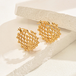 Настоящее золото 18K Серьги-кольца из нержавеющей стали с полыми решетками, реальный 18 k позолоченный, 19.5x8 мм