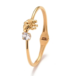 Golden Clear Cubic Zirconia Elephant Cuff Bangle, 304 Stainless Steel Hinged Open Bangle for Women, Ion Plating(IP), Golden, Inner Diameter: 2-1/8 inch(5.5cm)