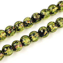 Цвет Оливы Ручной стеклянные фольга бисер пряди, круглые, оливковый, 8~8.5 мм, отверстие : 1.5~1.6 мм, около 60 шт / нитка, 18.11~18.50 дюйм (46~47 см)