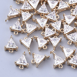 Прозрачный Прозрачные стеклянные соединители звеньев, с латунной фурнитурой , граненые, треугольные, золотой свет, прозрачные, 11x8x5 мм, отверстие : 1 мм