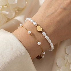 Белый 2 шт. 2 стили 304 браслеты из нержавеющей стали и искусственного жемчуга, браслеты из искусственного жемчуга и латунных бусин, эластичные, круглый и сердце, белые, 6.50 дюйм (16.5 см) ~ 6.89 дюйм (17.5 см)