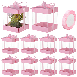 Pink 10шт. прозрачные пластиковые подарочные упаковочные коробки, Упаковочные коробки из бумаги с верхним и нижним дном, перевязанные лентой., прямоугольные, розовые, 9x9x11 см