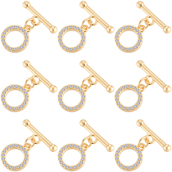 Настоящее золото 18K 10 комплекты латунных микропаве прозрачных кубических цирконий застежки-тоггл, без никеля , кольцо, реальный 18 k позолоченный, Кольцо: 12.5x10.5x2 mm, бар: 17x6x3 mm, Перейти кольцо: 5x1 мм, 3 мм внутренним диаметром