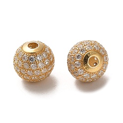 Clear 925 Sterling Silver Micro Pave Cubic Zirconia Beads, Round, Real 18K Gold Plated, Clear, 10x9mm, Hole: 2.2mm