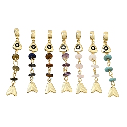 Mixed Stone Brass Pave Cubic Zirconia Clear Cubic Zirconia & Gemstone & Enamel European Dangle Charms, Large Hole Charms, Fish, Rack Plating, Long-Lasting Plated, Cadmium Free & Lead Free, Real 18K Gold Plated, 54.5mm, Hole: 5.5mm