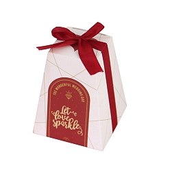 Red Folding Cardboard Candy Boxes, Wedding Gift Wrapping Box, with Ribbon, Trapezoid Bow, Red, 8x8x10cm