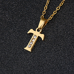 Letter T 201 ожерелья с подвесками из нержавеющей стали и стразами, золотые, Письмо T, 17.72 дюйм (45 см), Кулон : 16x5 мм