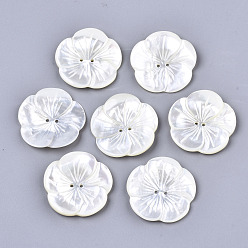 Seashell Color 2-Hole White Shell Mother of Pearl Shell Buttons, Flower, Seashell Color, 27x27.5x4mm, Hole: 1.4mm