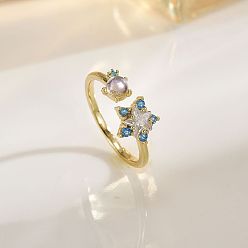 Золотой Открытые кольца-манжеты из латуни с микропаве из прозрачных кубических цирконий для женщин, звезда, с имитацией жемчуга, золотые, 15~20 мм