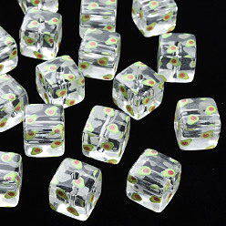 Avocado Transparent bedruckten Acryl-Perlen, Quadrat mit Fruchtmuster, Avocado-Muster, 16x16x16 mm, Bohrung: 3 mm