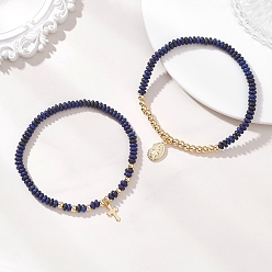 Ляпис-Лазурь 2шт. браслеты из натуральных бусин лазурита на эластичной основе, 304 женские браслеты с подвесками из нержавеющей стали, крест и девственница, внутренний диаметр: 2.17~2.28 дюйм (5.5~5.8 см)
