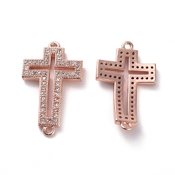 Rose Gold Brass Micro Pave Cubic Zirconia Links connectors, Cross, Clear, Rose Gold, 23.5x13.5x2mm, Hole: 1mm