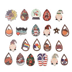 Mixed Color Printed Wood Pendants, Gnome & Teardrop & Flip Flops, Mixed Shapes, Mixed Color, 26~55x28~54x2~2.5mm, Hole: 2~2.5mm
