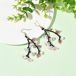 Pearl Pink Glass Seed Bead Dangle Earrings, Flower, 304 Stainless Steel with Cultured Freshwater Pearl Beads Dangle Earring for Women, Golden, Pearl Pink, 65~67mm