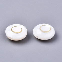 Letter C Natural Freshwater Shell Beads, with Golden Plated Brass Etched Metal Embellishments, Flat Round, Seashell Color, Letter.C, 8x3~5mm, Hole: 0.5~07mm