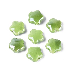 Lime Green Handmade Porcelain Beads, Bright Glazed Porcelain, Flower, Lime Green, 14~15x14~15x6~7mm, Hole: 1.8~2.2mm