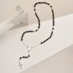 Кокосово-Коричневый Винтажные четки из натурального окрашенного агата, крестик Девы Марии кулон y ожерелья для женщин, цвет нержавеющей стали, кокосового коричневый, 24.80 дюйм (63 см)