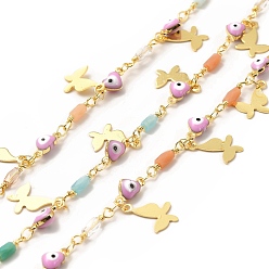 Golden Colorful Enamel Heart with Evil Eye Link Chains, with Glass Column Beaded & Brass Butterfly Charms, Soldered, with Spool, Golden, 13.5x4mm, 10x5x4mm