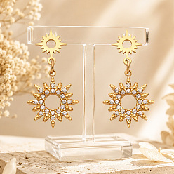 Golden 316 Surgical Stainless Steel & Clear Cubic Zirconia Stud Dangle Earrings, Sun, Golden, 26x13mm
