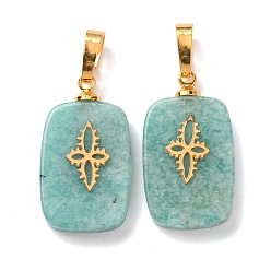 Амазонит Природные подвески амазонит, с латунной фурнитурой и 304 кабошонами из нержавеющей стали, золотые, прямоугольник с цветочным узором подвески, 23~23.5x13~13.5x3.5~4 мм, отверстие : 7.5x4 мм