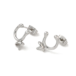 Real Platinum Plated Brass Stud Earring Findings, with 925 Sterling Silver Pins, for Half Drilled Beads, Cadmium Free & Nickel Free & Lead Free, Real Platinum Plated, 15.5x11.5mm, Pin: 0.8x10mm and 1mm(for Half Drilled Beads)