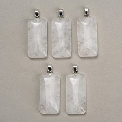 Cristal de Quartz Pendeloques de cristal de quartz naturel, charme rectangle, avec 304 mousqueton en acier inoxydable sur les balles, couleur inox, 44~45x19~20x8~9mm, Trou: 7.5x4mm