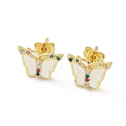 White Butterfly Golden Brass Stud Earrings, with Enamel and Cubic Zirconia, White, 8x11.5mm